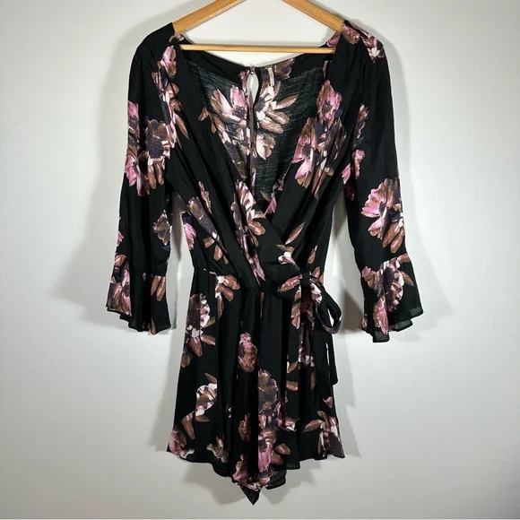 FREE PEOPLE All the Right Ruffles Floral Romper Black Brown Pink Size Small - Picture 3 of 15